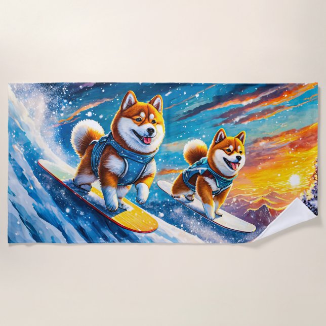 Shiba Inu on Snowboards Design von Rich AMeN Gill Strandtuch (Vorderseite)