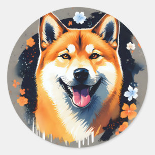 Shiba Inu Portrait mit Floral Runder Aufkleber