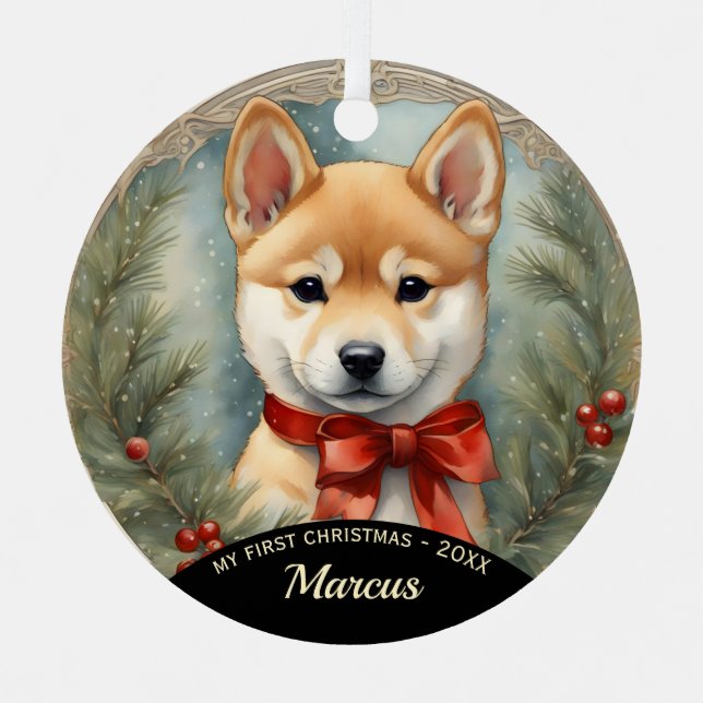 Shiba Inu Puppy First Christmas Ornament Aus Metall (Vorderseite)