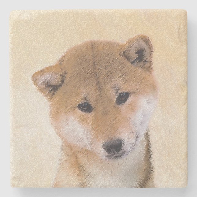 Shiba Inu (Rot) Malerei - Original Hunde Kunst Steinuntersetzer (Vorderseite)