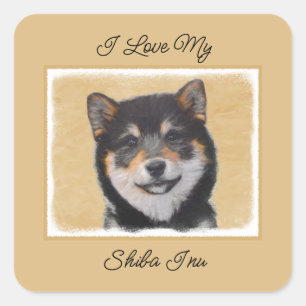 Shiba Inu (Schwarz und Tan) Gemälde - Hunde Art Sq Quadratischer Aufkleber