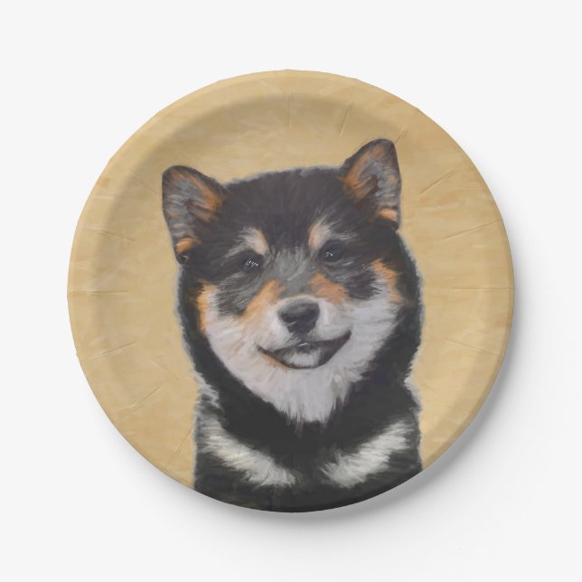 Shiba Inu (Schwarz und Tan) Malerei - Hundekunst Pappteller (Vorderseite)
