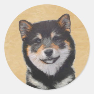 Shiba Inu (Schwarz und Tan) Malerei - Hundekunst Runder Aufkleber