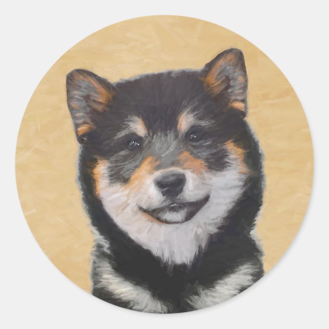Shiba Inu (Schwarz und Tan) Malerei - Hundekunst Runder Aufkleber (Vorderseite)