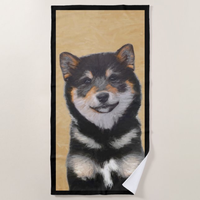 Shiba Inu (Schwarz und Tan) Malerei - Hundekunst Strandtuch (Vorderseite)