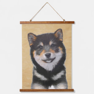 Shiba Inu (Schwarz und Tan) Malerei - Hundekunst Wandteppich Mit Holzrahmen