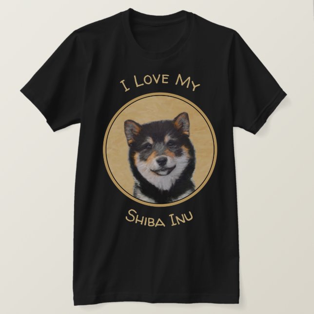 Shiba Inu (Schwarzes und TAN) Malerei - Hundekunst T-Shirt (Design vorne)