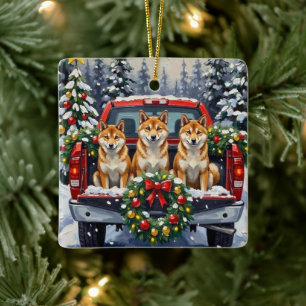 Shiba Inu Weihnachten Rotes Lastwagen Ferien Keramikornament
