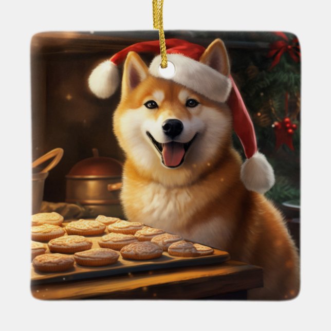 Shiba Inu Weihnachtskochen Feiertag Keramikornament (Vorderseite)