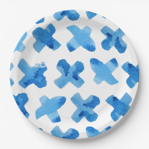Shibori-blaues japanisches Aquarell-Kreuz x Muster Pappteller