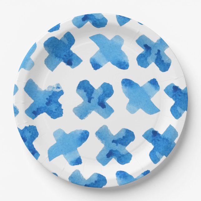Shibori-blaues japanisches Aquarell-Kreuz x Muster Pappteller (Vorderseite)