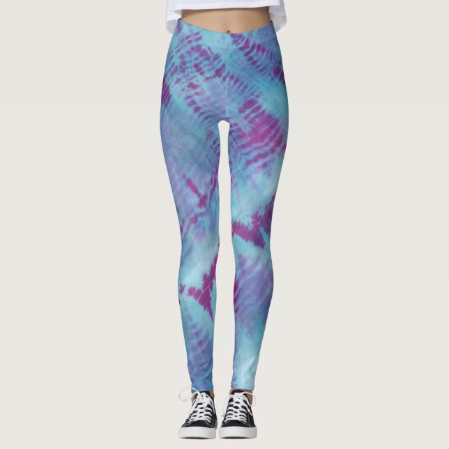 Shibori Blue Lila Pattern Gefärbte Krawatte Leggings (Vorderseite)