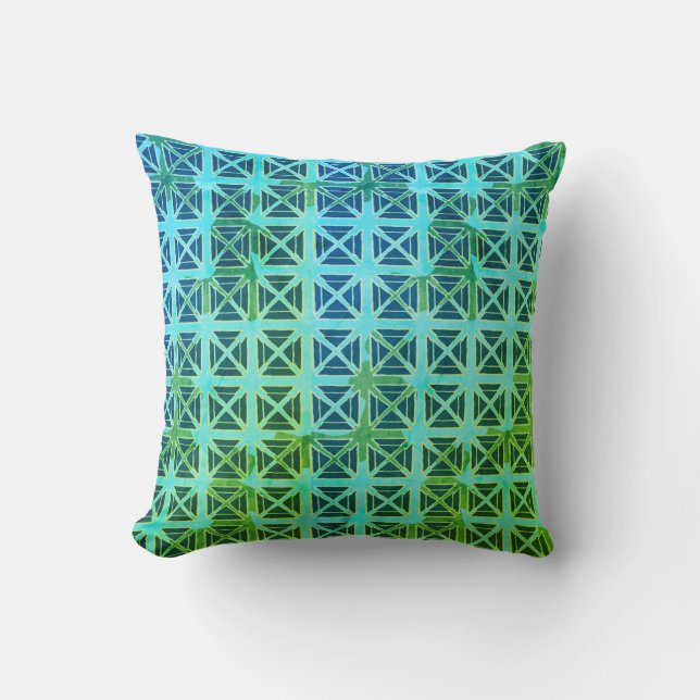 Shibori Fabric Boho Blue Green Gefärbte Krawatte P Kissen (Vorderseite)
