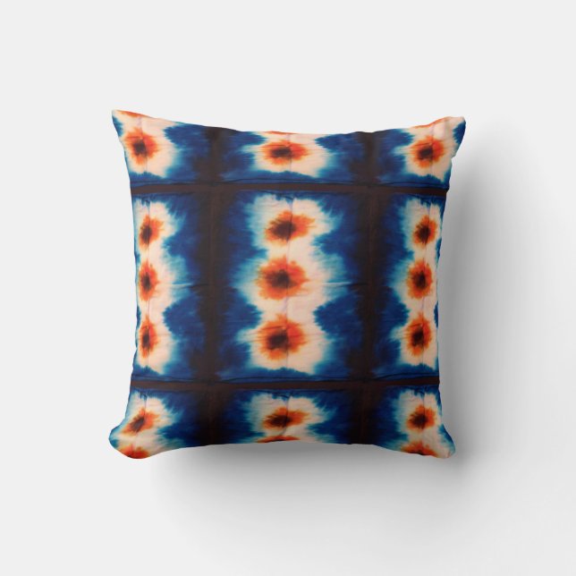 Shibori Fabric Boho Blue Orange Gefärbte Krawatte  Kissen (Vorderseite)