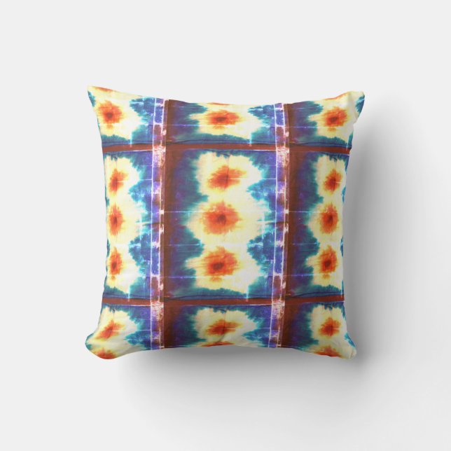 Shibori Fabric Boho Blue Orange Gefärbte Krawatte  Kissen (Vorderseite)