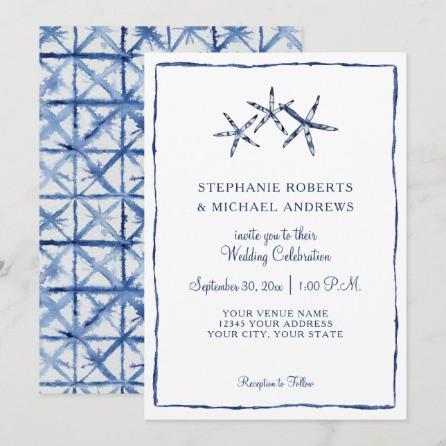 Shibori Gefärbte Krawatte Indigo Wasserfarbener St Einladung (Vorne/Hinten)