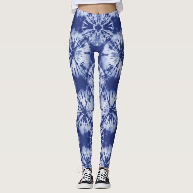 Shibori Indigo Blue Gefärbte Krawatte Abstrakte Dr Leggings (Vorderseite)