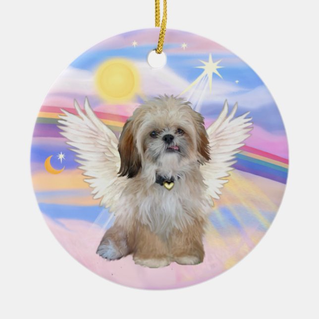 Shih Tzu Angel in Himmelswolken Keramikornament (Vorne)
