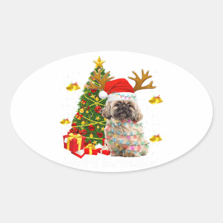 Shih Tzu Christmas Lights Tree | Santa Xmas Ovaler Aufkleber