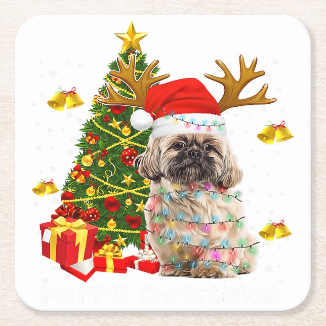 Shih Tzu Christmas Lights Tree | Weihnachten Rechteckiger Pappuntersetzer (Vorderseite)