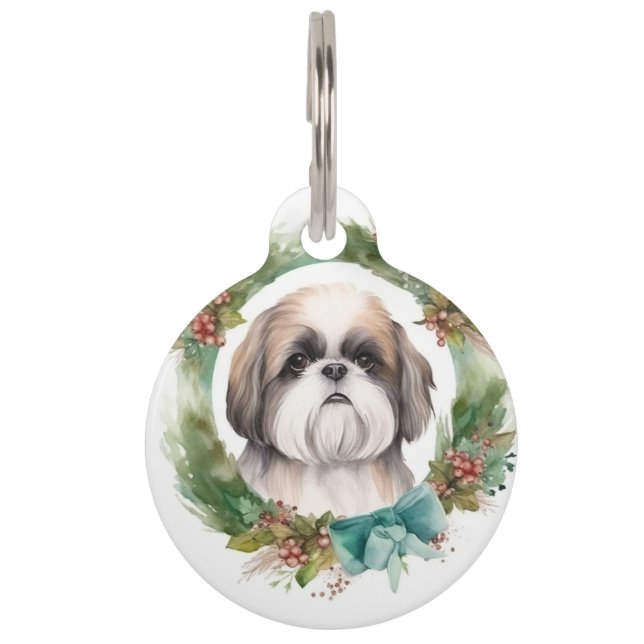 Shih Tzu Christmas Wreath Festivals Haustiermarke (Vorderseite)