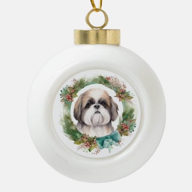 Shih Tzu Christmas Wreath Festivals Keramik Kugel-Ornament (Vorderseite)