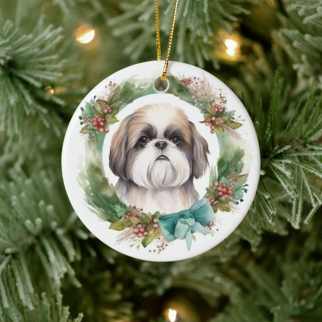 Shih Tzu Christmas Wreath Festivals Keramik Ornament (Baum)