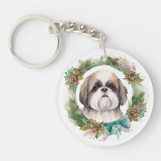 Shih Tzu Christmas Wreath Festivals Schlüsselanhänger (Vorderseite)