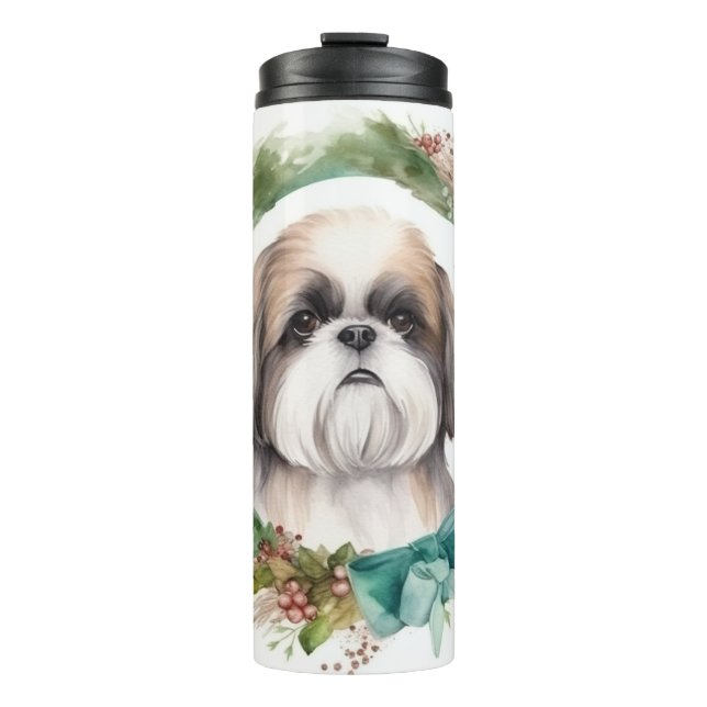 Shih Tzu Christmas Wreath Festivals Thermosbecher (Vorderseite)