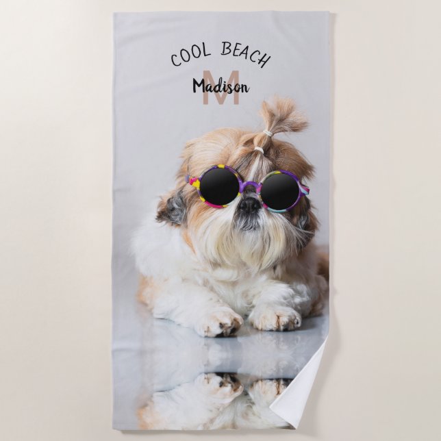 Shih Tzu Cool Beach Sonnenbrille Foto Monogram Strandtuch (Vorderseite)