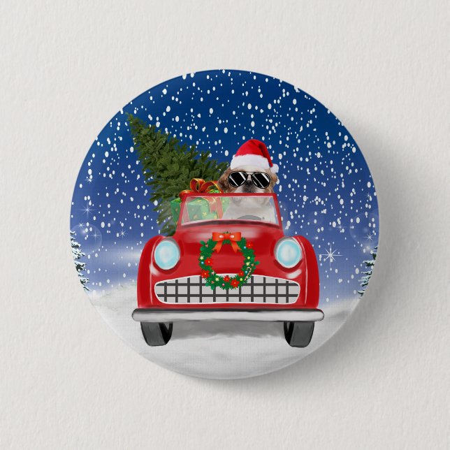 Shih Tzu Dog Autofahren Auto in Schnee Weihnachten Button (Vorderseite)