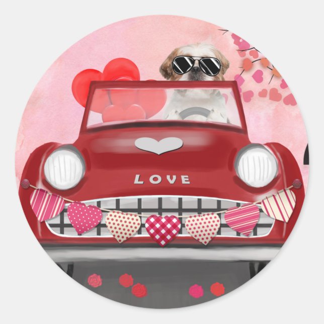 Shih Tzu Dog Car mit Herz-Valentine Runder Aufkleber (Vorderseite)