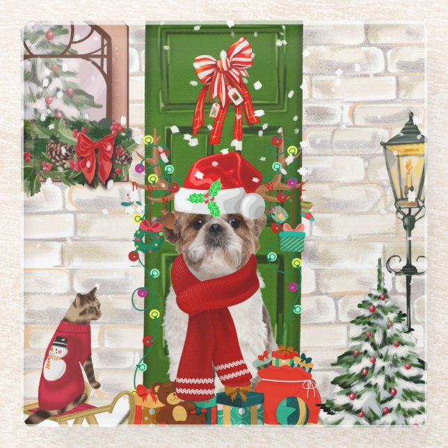 Shih Tzu Dog Christmas Glasuntersetzer (Vorderseite)