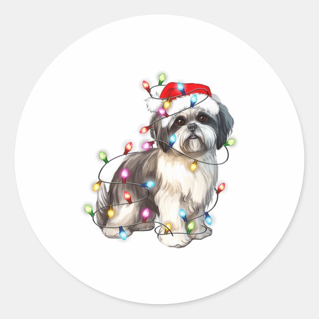 Shih Tzu Dog Christmas Lights Xmas Cute  Runder Aufkleber (Vorderseite)