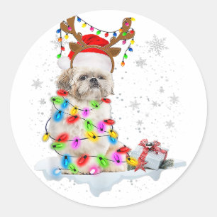 Shih Tzu Dog Christmas Rentierweihscheinwerfer Runder Aufkleber