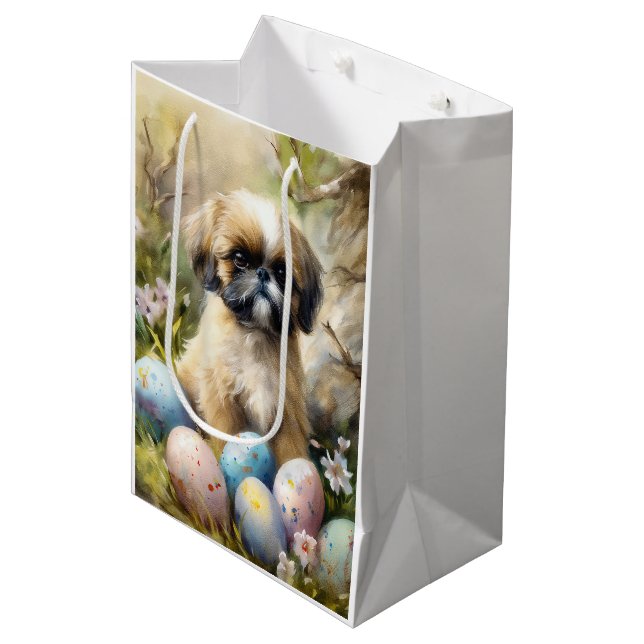 Shih Tzu Dog mit Ostereier Urlaub Mittlere Geschenktüte (Vorderseite Schrägansicht)