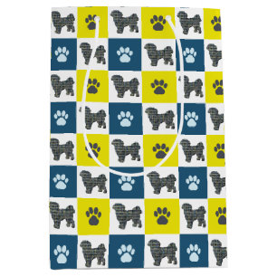 Shih Tzu Dog & Paw Print Yellow Grid Silhouette Mittlere Geschenktüte