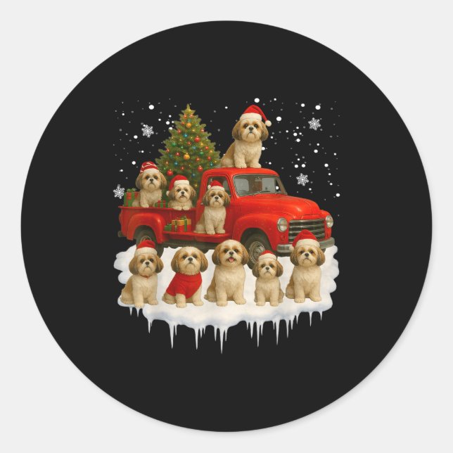Shih Tzu Dog Red Truck Christmas Tree Santa Ugly X Runder Aufkleber (Vorderseite)