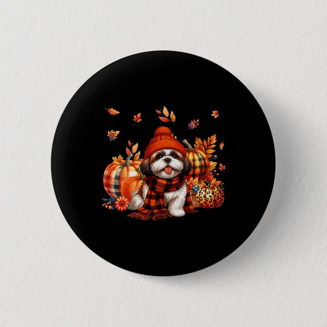 Shih Tzu Erntedank Leopard Pumpkins Herbstlaub Button (Vorderseite)