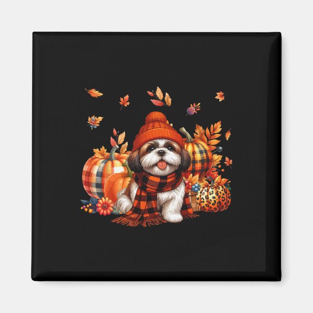 Shih Tzu Erntedank Leopard Pumpkins Herbstlaub Magnet (Vorne)
