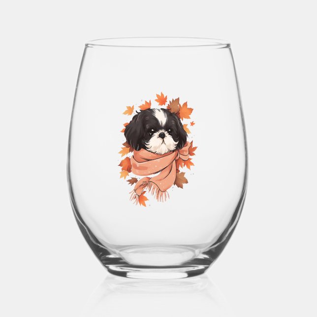 Shih Tzu Fall Dog Autumn Leaves Erntedank Copy Weinglas Ohne Stiel (Vorderseite)