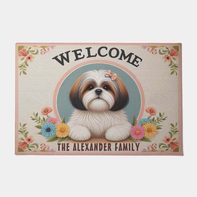 Shih Tzu Hund Blumendekoration Familienname Willko Fußmatte (Vorderseite)