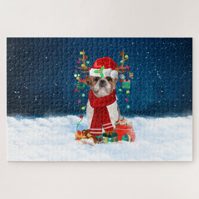 Shih Tzu Hund mit Weihnachtsgeschenken (Horizontal)