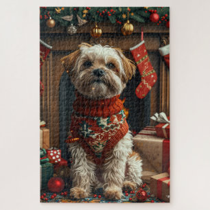 Shih Tzu Hund mit Weihnachtsgeschenken Kamin