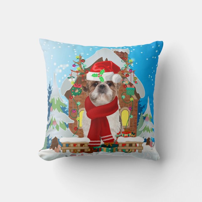 Shih Tzu Hund mit Weihnachtsgeschenken Kissen (Vorderseite)
