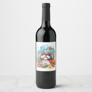 Shih Tzu Hund Schnorcheln am Korallenriff Weinetikett