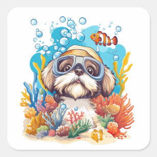 Shih Tzu Hund schnorchelt am Korallenriff Quadratischer Aufkleber
