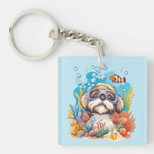 Shih Tzu Hund schnorchelt am Korallenriff Schlüsselanhänger