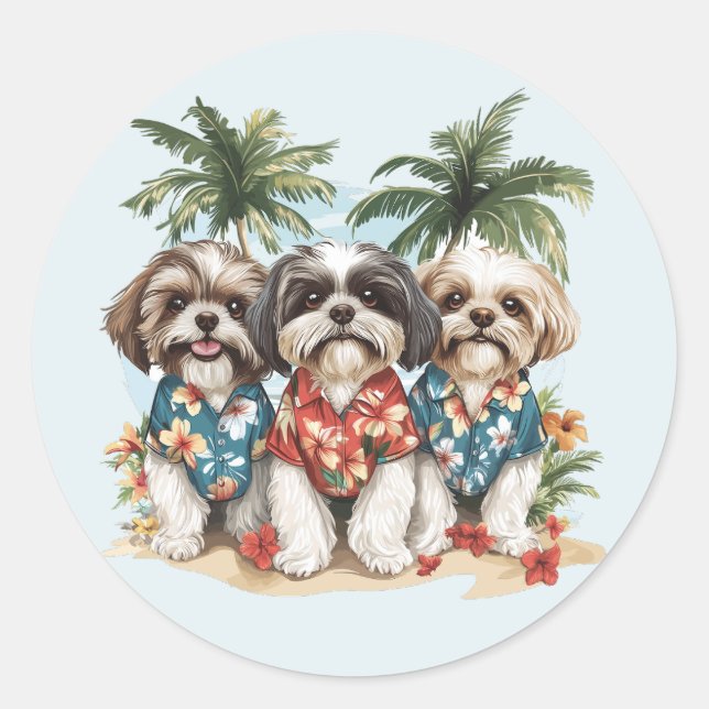 Shih Tzu Hunde tragen hawaiianische Shirts Runder Aufkleber (Vorderseite)