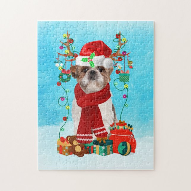 Shih Tzu im Schnee mit Weihnachtsgeschenken (Vertikal)